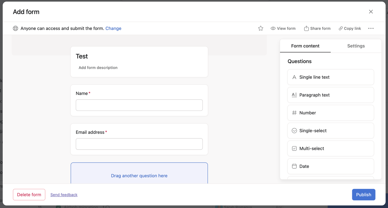 Asana Add form dialog with a Name and an Email address field, a Form content panel listing question types and a Publish button.