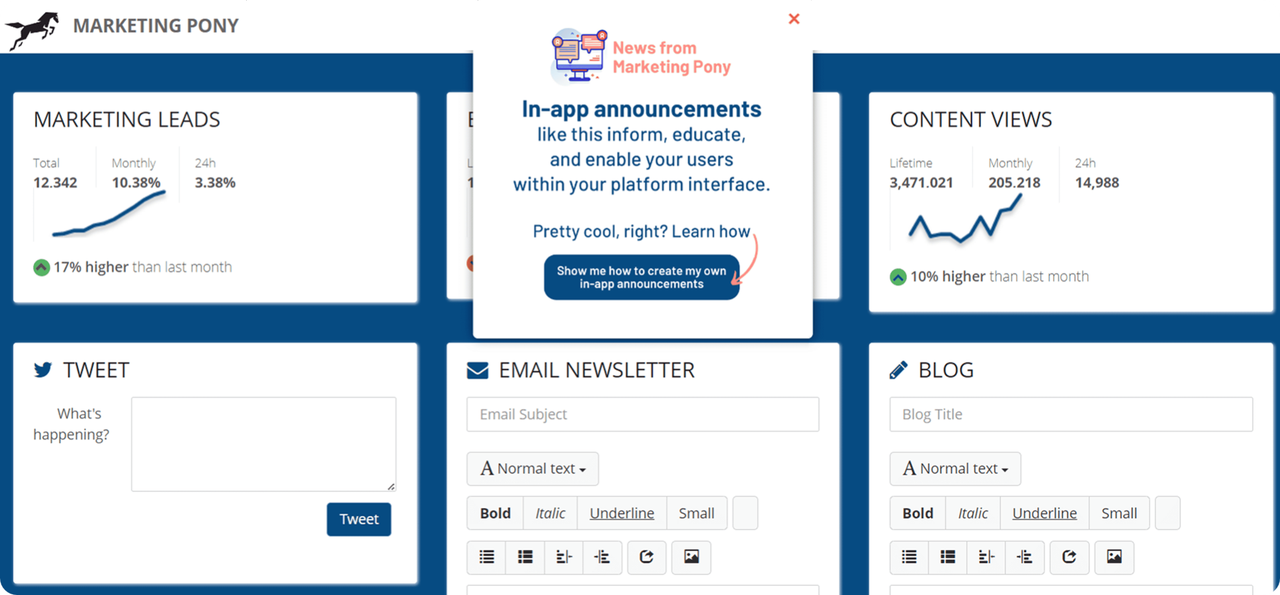 ChurnZero in-app announcement popup displayed inside a demo customer dashboard with lead and content view metrics, inviting users to learn how to create announcements.