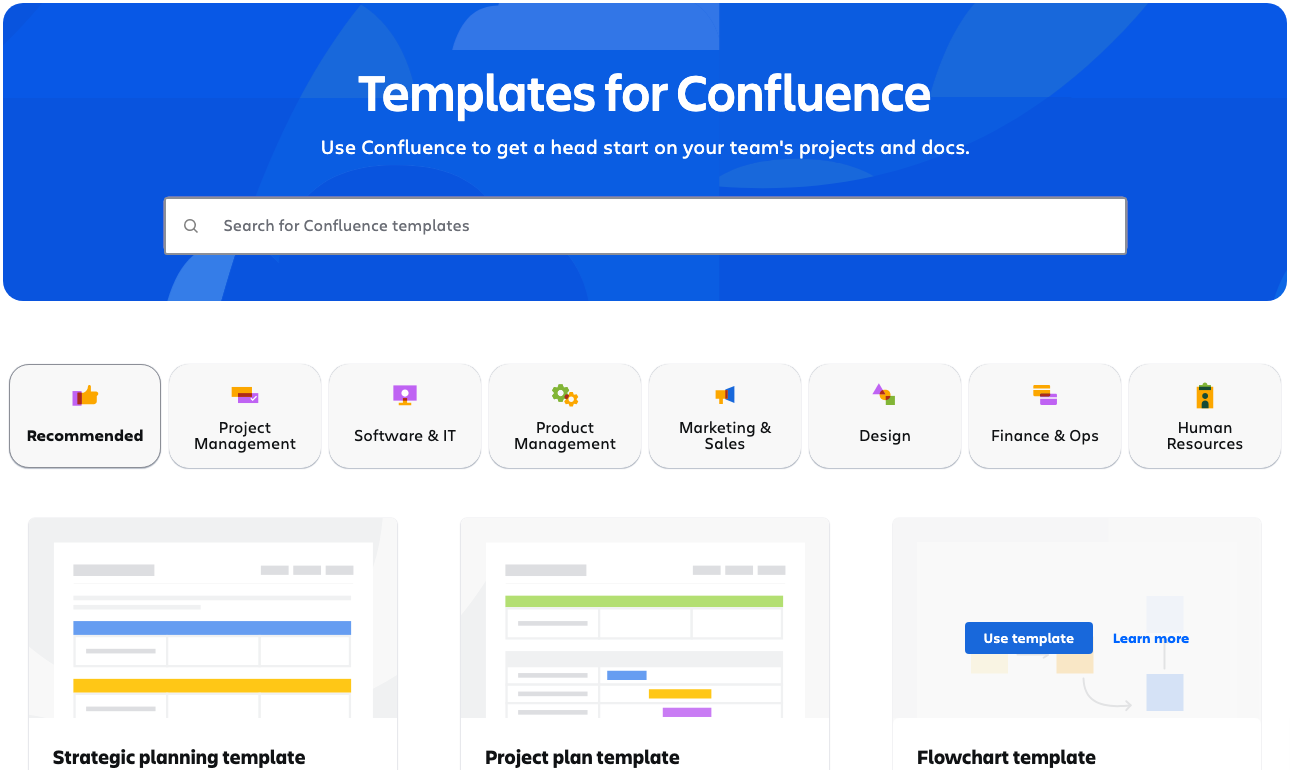 Confluence template gallery with a search box, template categories and strategic planning, project plan and flowchart templates