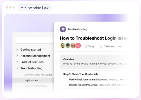 Document360 knowledge base with a category tree and a Troubleshooting article with an overview and steps