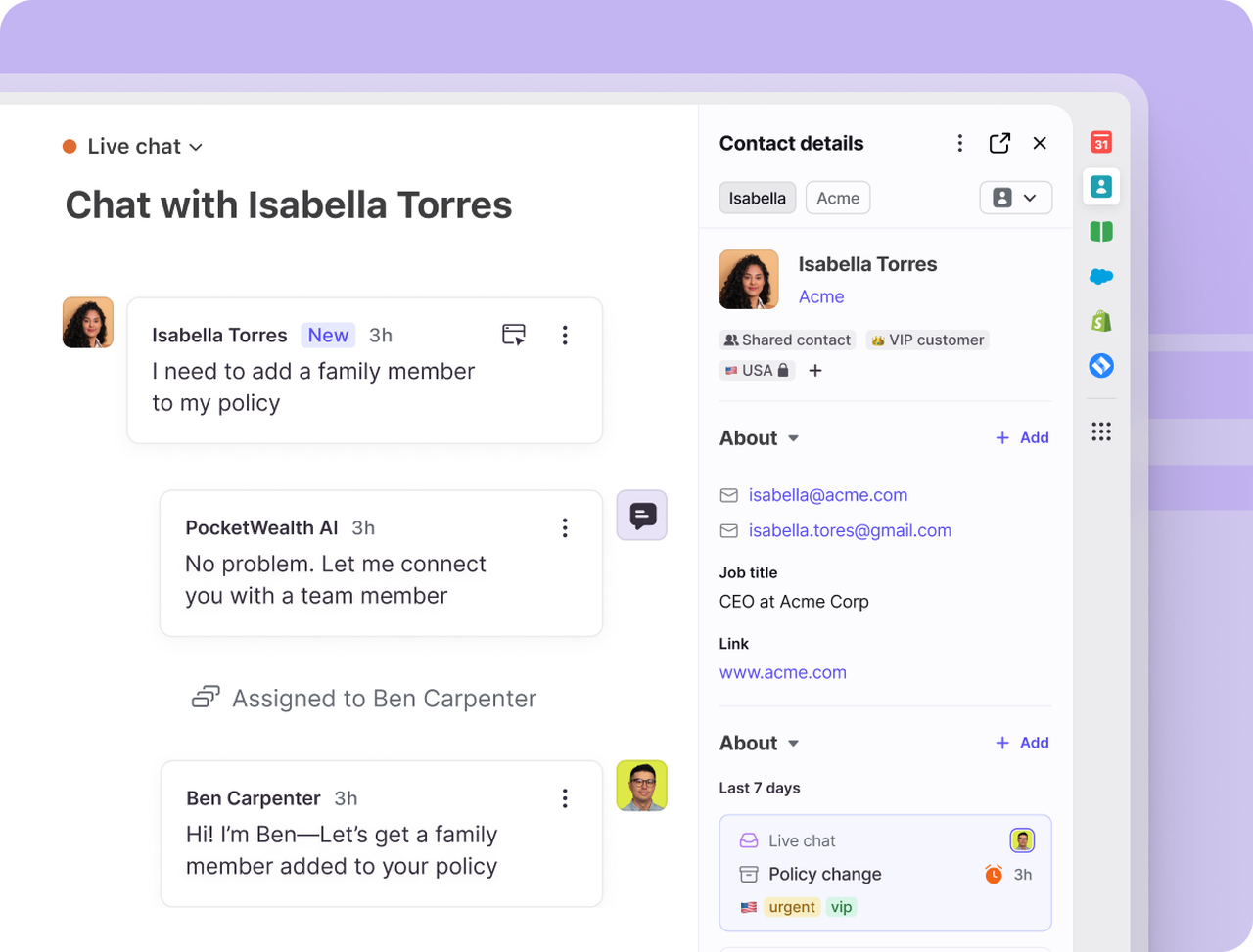 Front conversation view with an AI reply and handoff to a teammate, next to a contact details sidebar showing company, VIP tag, job title and recent conversations.