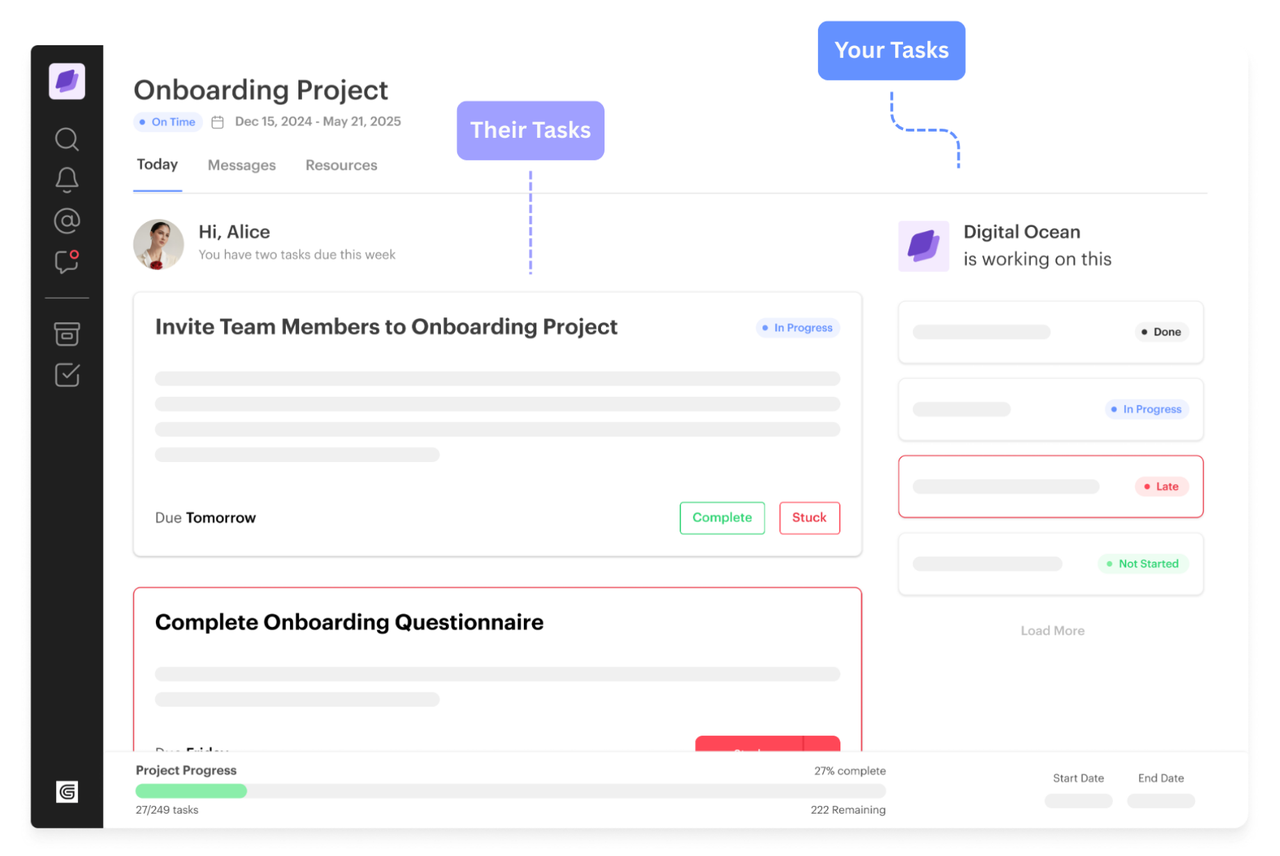 GUIDEcx customer onboarding project workspace showing a Today view with an "Invite Team Members" task, a Complete Onboarding Questionnaire task, Done/In Progress/Late status list and a project progress bar.