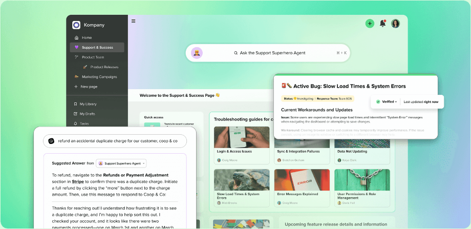 Guru workspace with a suggested answer for a support rep next to a verified knowledge card