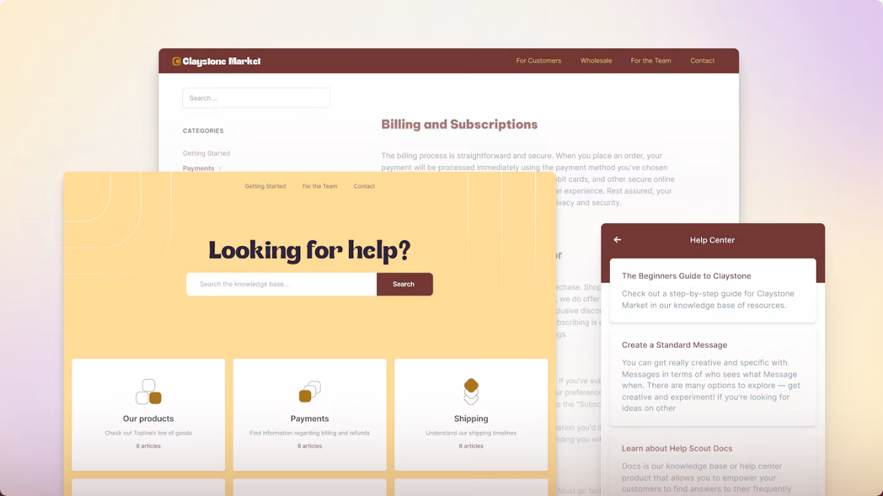 Help Scout Docs help center with a search box, article categories and an embedded Help Center widget