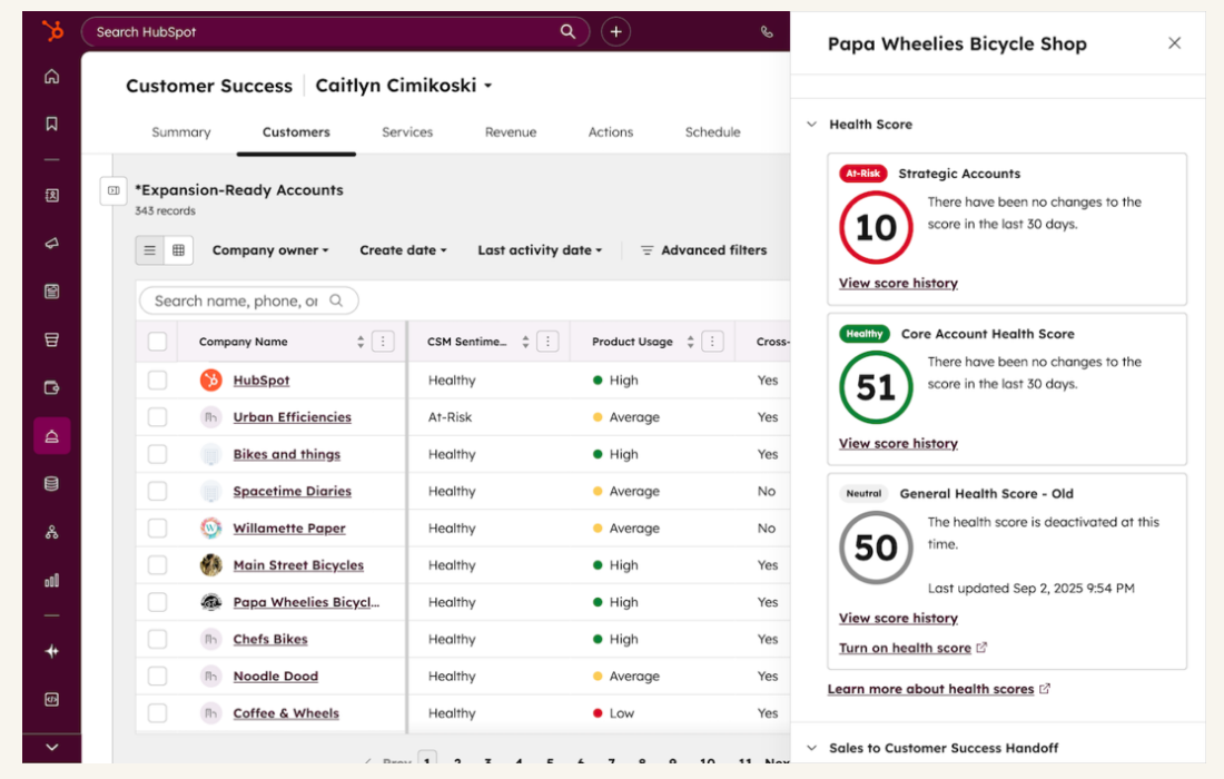 HubSpot customer success workspace with a company list and a panel showing three health scores