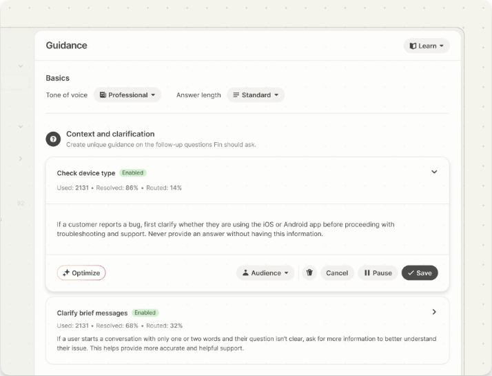 Intercom Fin guidance settings with tone of voice, answer length and clarifying-question rules