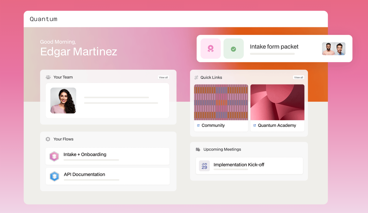 Moxo branded client portal home with a greeting, team card, quick links, "Your Flows" list (Intake + Onboarding), upcoming kick-off meeting and an intake form packet card.
