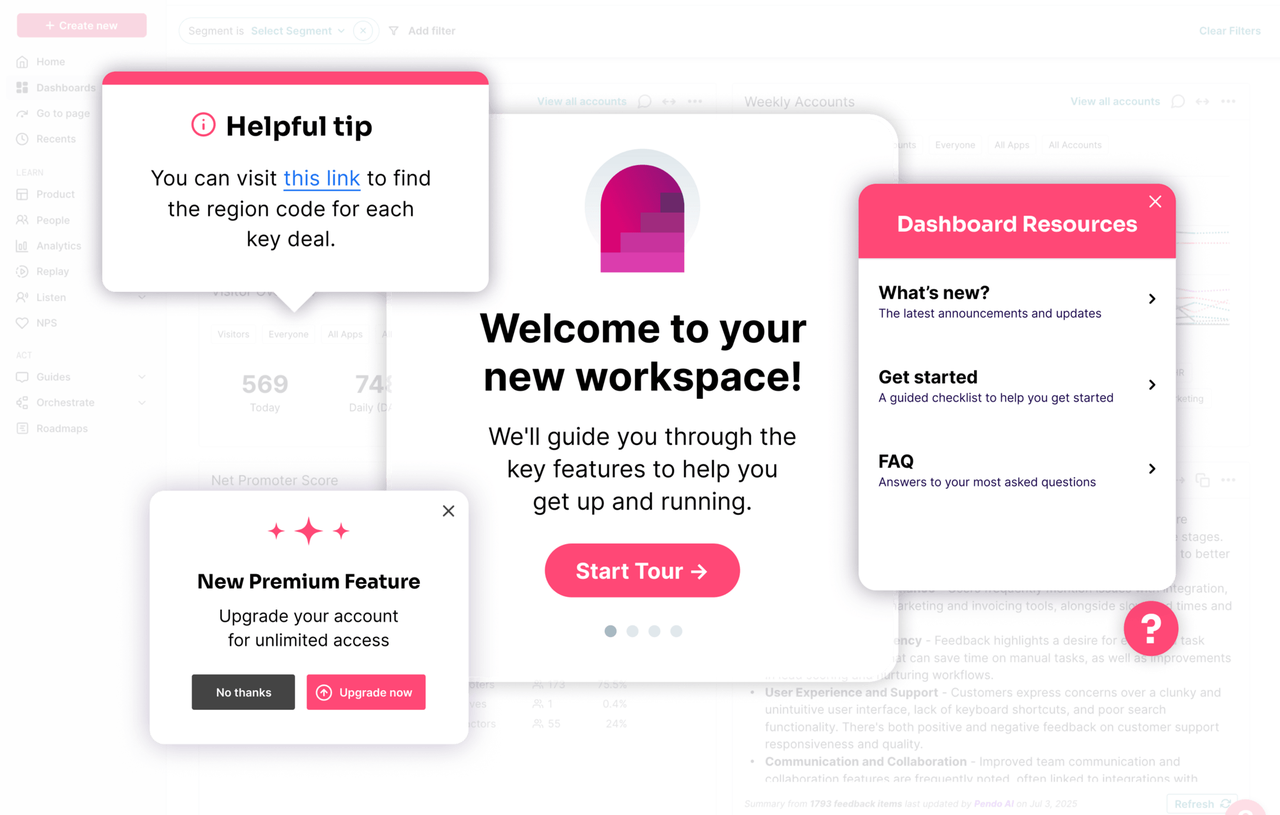 Pendo in-app guides layered over an analytics dashboard: a tooltip tip, a welcome modal with Start Tour button, an upgrade prompt and a resource center panel.