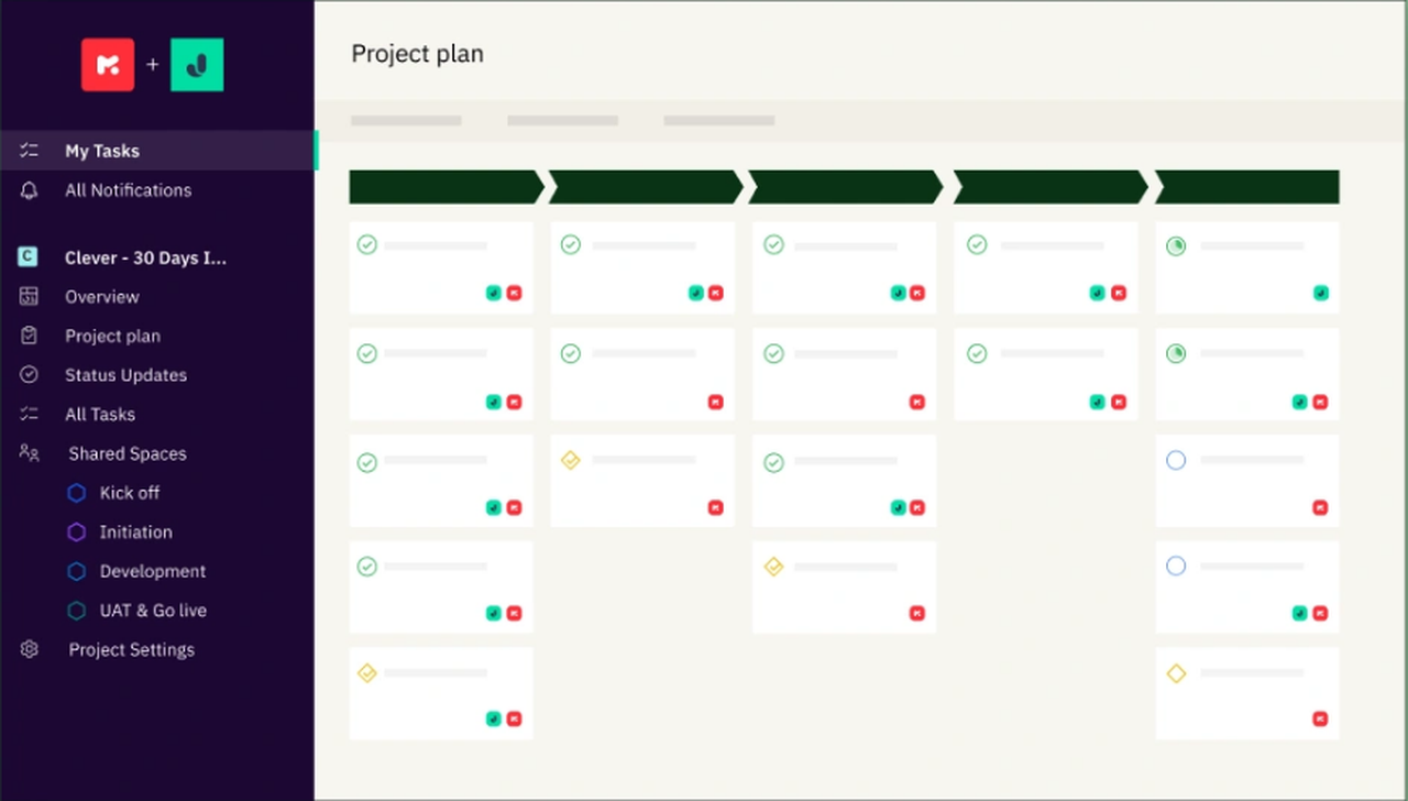 Rocketlane project plan view with a dark sidebar of shared spaces (Kick off, Initiation, Development, UAT & Go live) and a phase-based board of task cards with status icons.