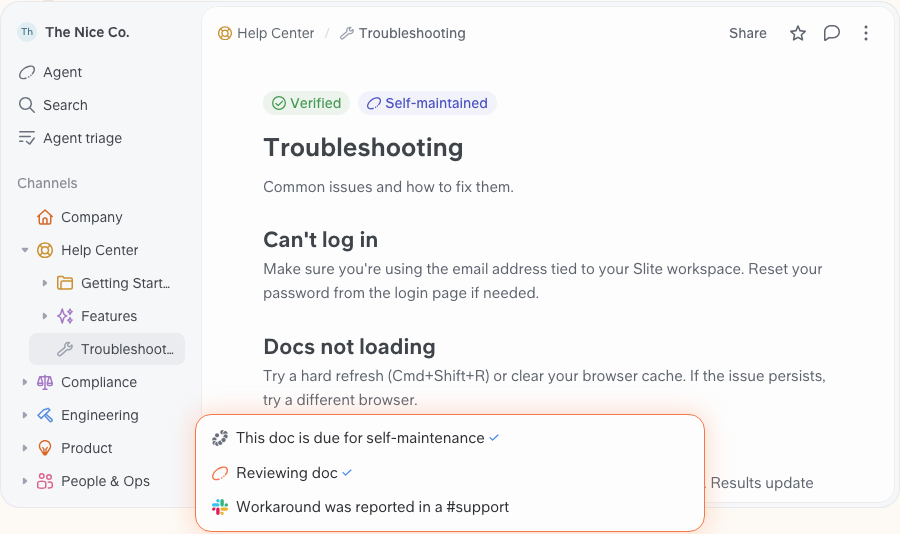 Slite help center doc marked Verified and Self-maintained with a due-for-self-maintenance review prompt