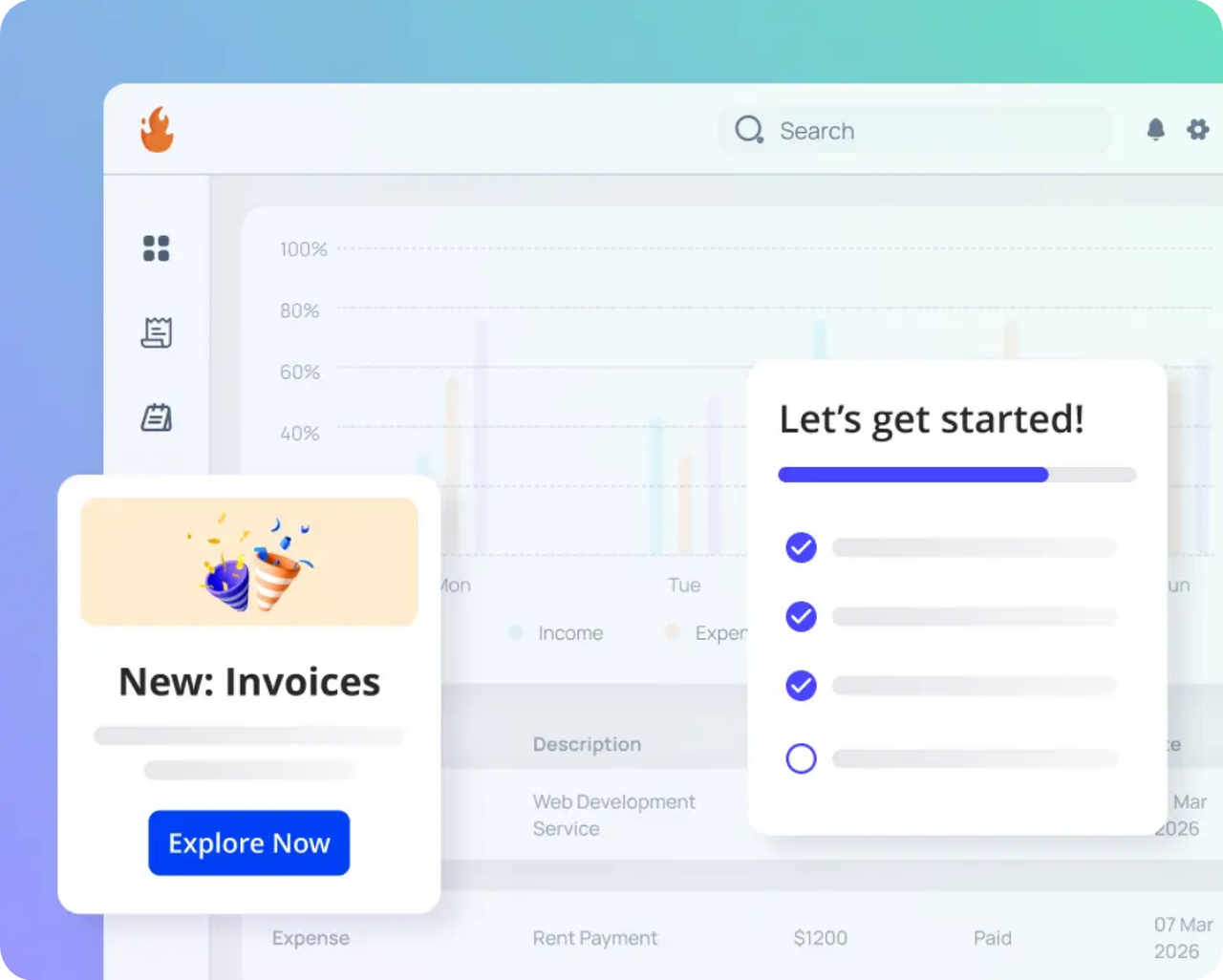 Userpilot in-app onboarding preview with a get started checklist showing a progress bar and three completed steps, plus a New Invoices announcement modal over a product dashboard.
